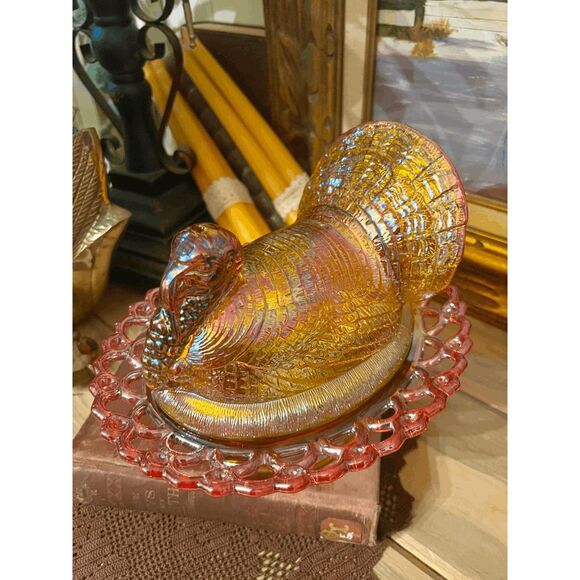 Large Marigold Carnival Glass Turkey on Nest Dish – Lace Edge Trinket Box – Moss - Picture 6 of 6